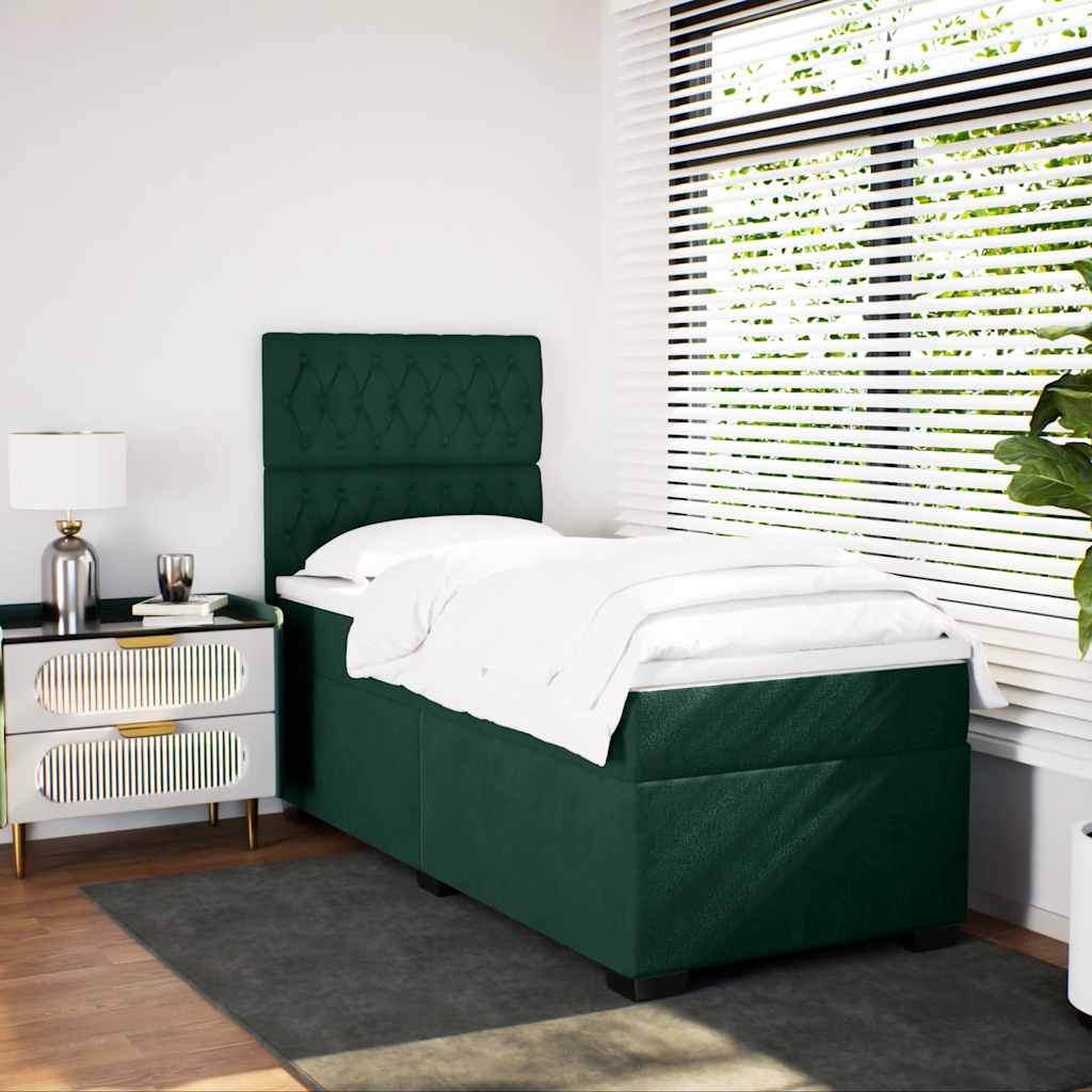 vidaXL Κρεβάτι Boxspring με Στρώμα Σκούρο Πράσινο 90x190 εκ. Βελούδινο