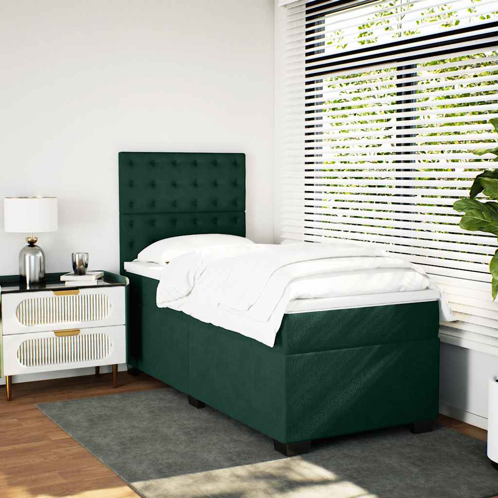 vidaXL Κρεβάτι Boxspring με Στρώμα Σκούρο Πράσινο 90x200 εκ. Βελούδινο