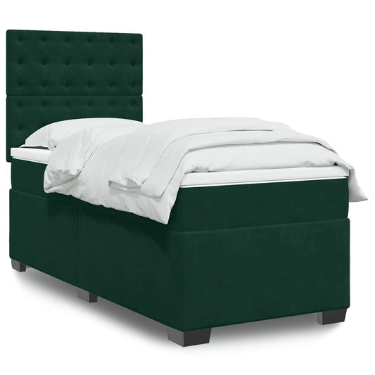 vidaXL Κρεβάτι Boxspring με Στρώμα Σκούρο Πράσινο 90x190 εκ. Βελούδινο