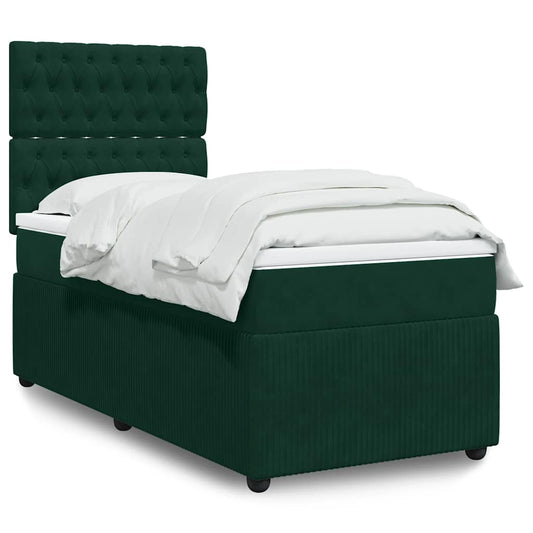 vidaXL Κρεβάτι Boxspring με Στρώμα Σκούρο Πράσινο 90x200 εκ. Βελούδινο