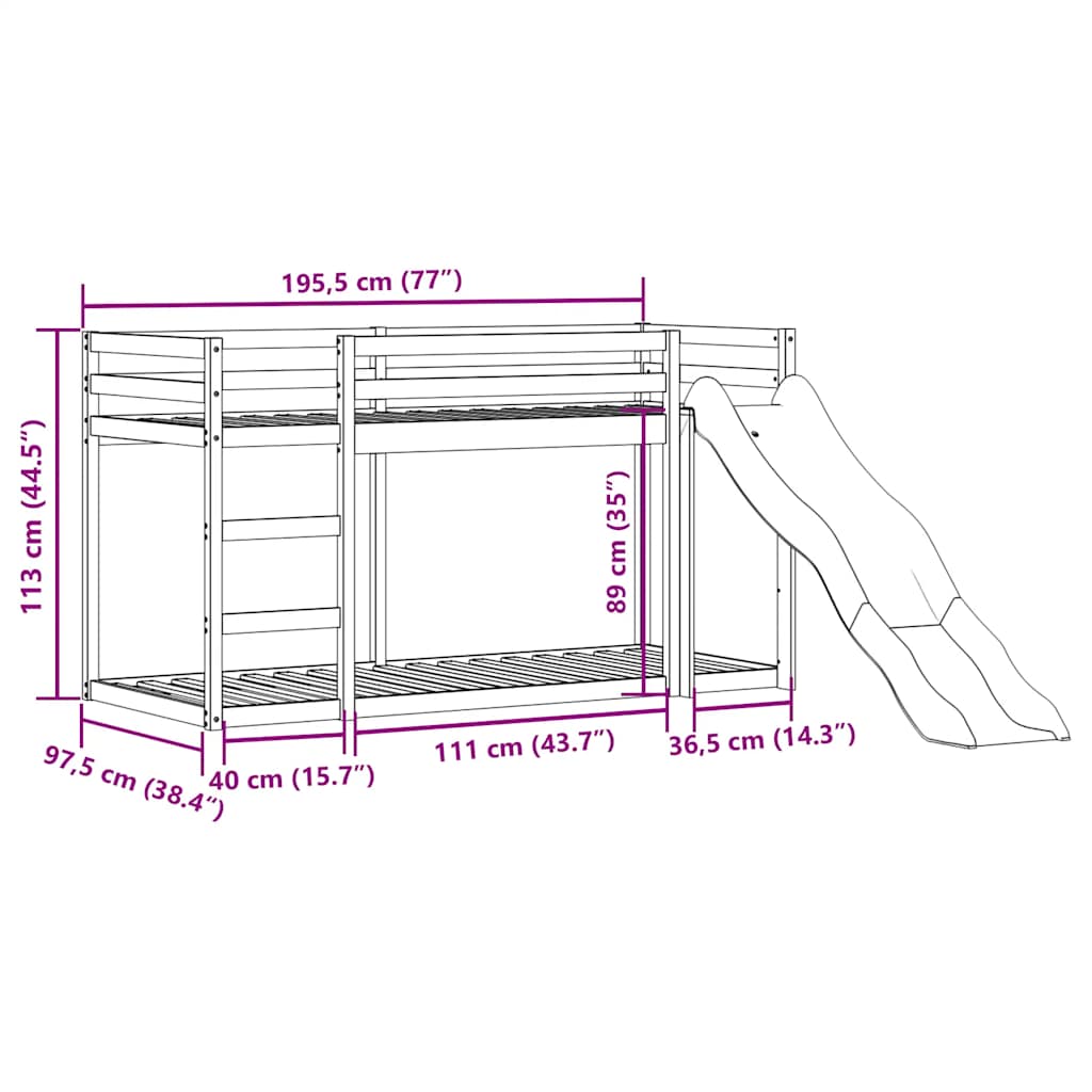 vidaXL Κουκέτα με Τσουλήθρα/Σκάλα 90x190 εκ. από Μασίφ Ξύλο Πεύκου