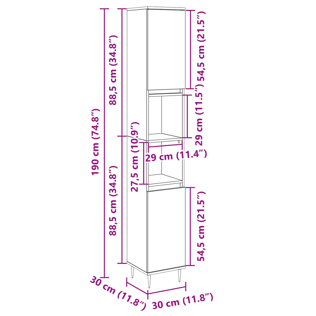 vidaXL Ντουλάπι Μπάνιου Sonoma Δρυς 30x30x190 εκ. Επεξεργασμένο Ξύλο