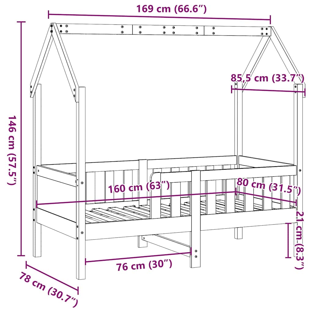 vidaXL Πλαίσιο Παιδικού Κρεβατιού 80 x 160 εκ. από Μασίφ Ξύλο Πεύκου