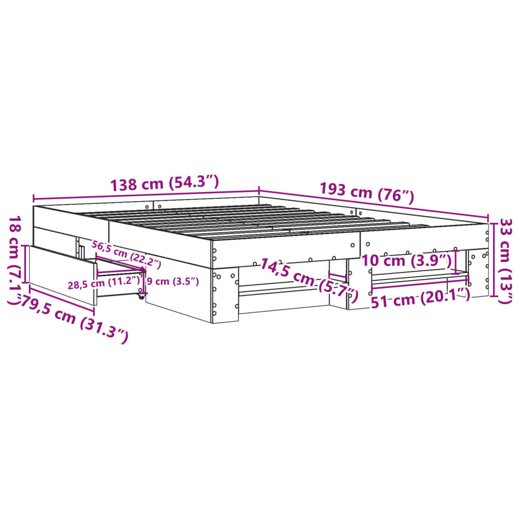 vidaXL Πλαίσιο Κρεβατιού Μαύρο 135x190 εκ. Επεξεργ. Ξύλο