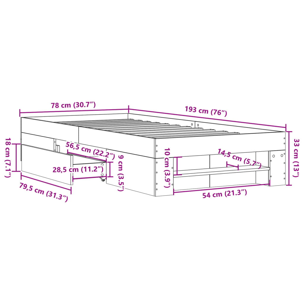 vidaXL Πλαίσιο Κρεβατιού Μαύρο 75 x 190 εκ. από Επεξεργασμένο Ξύλο