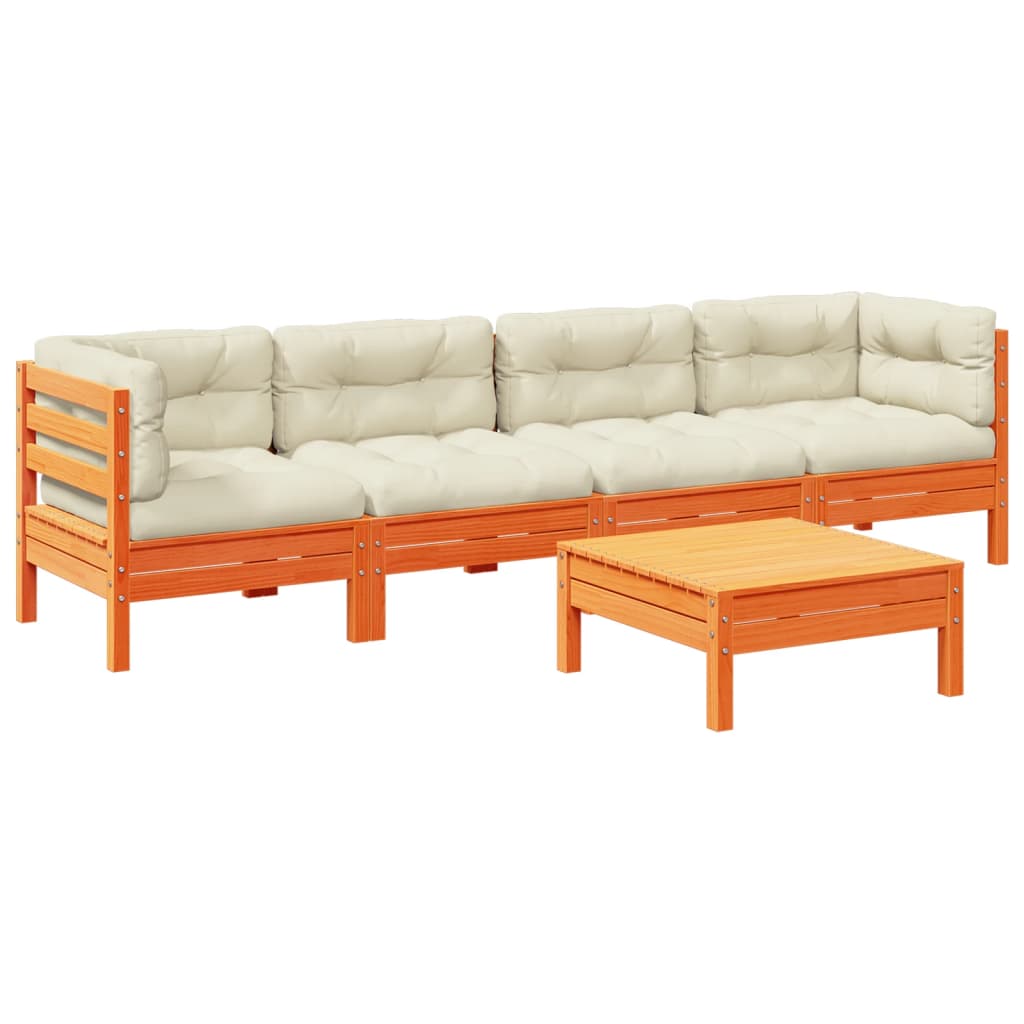 vidaXL Σαλόνι Κήπου Σετ 5 Τεμαχίων Καφέ Μασίφ Ξύλο Πεύκου με Μαξιλάρια