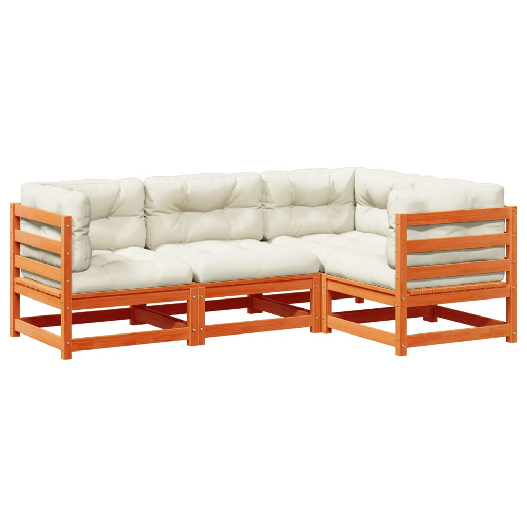 vidaXL Καναπές Κήπου Σετ 4 τεμ. Καφέ Μασίφ Ξύλο Πεύκου με Μαξιλάρια