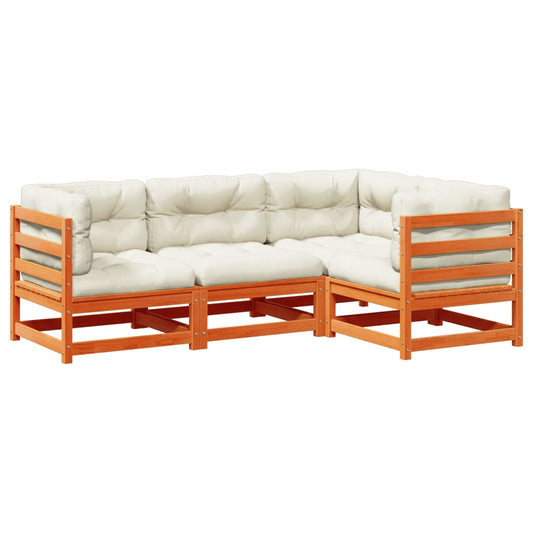 vidaXL Καναπές Κήπου Σετ 4 τεμ. Καφέ Μασίφ Ξύλο Πεύκου με Μαξιλάρια