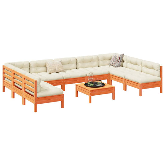 vidaXL Καναπές Κήπου Σετ 10 τεμ. Καφέ Μασίφ Ξύλο Πεύκου με Μαξιλάρια