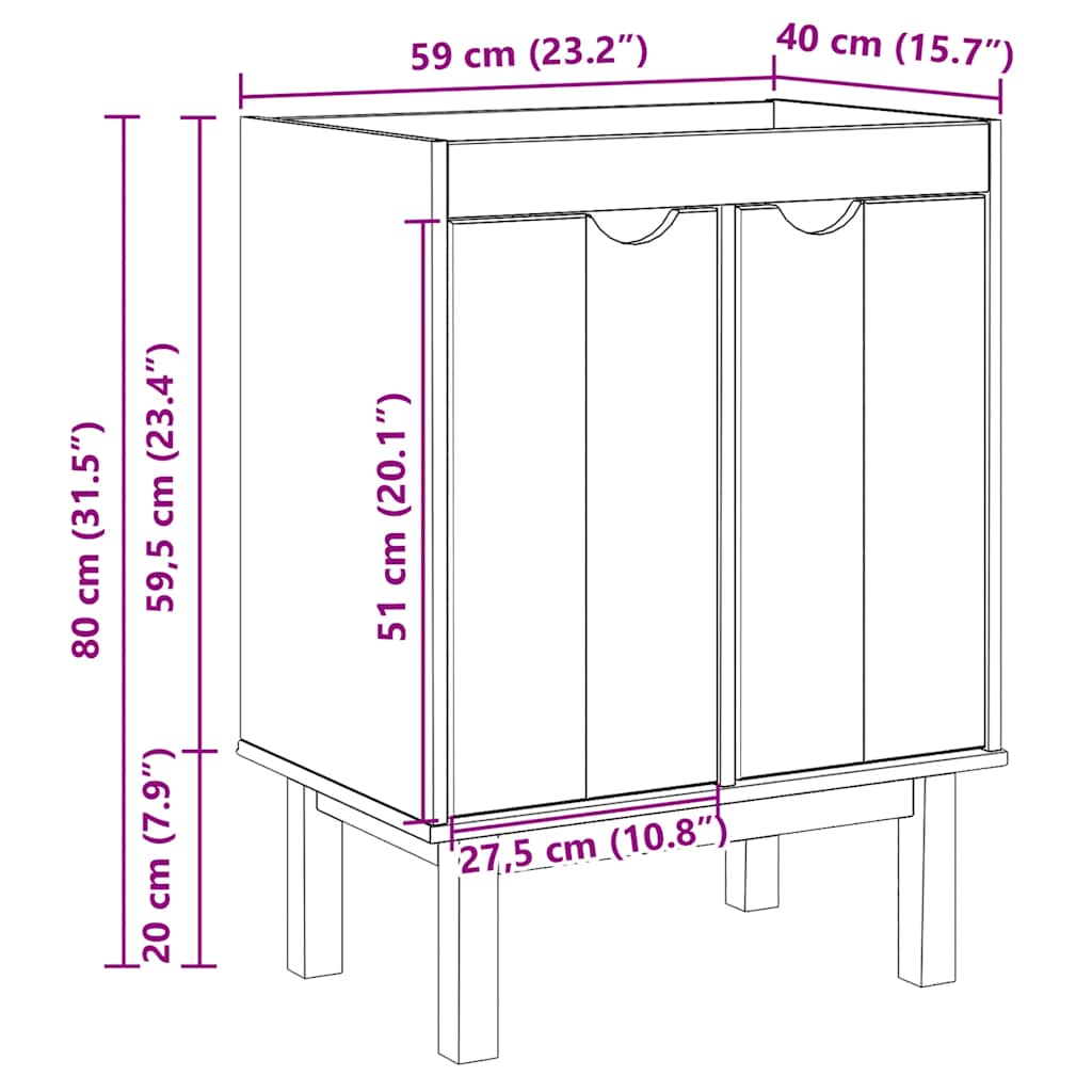 vidaXL Ντουλάπι Μπάνιου OTTA 59x40x80 εκ. Μασίφ Ξύλο Πεύκου
