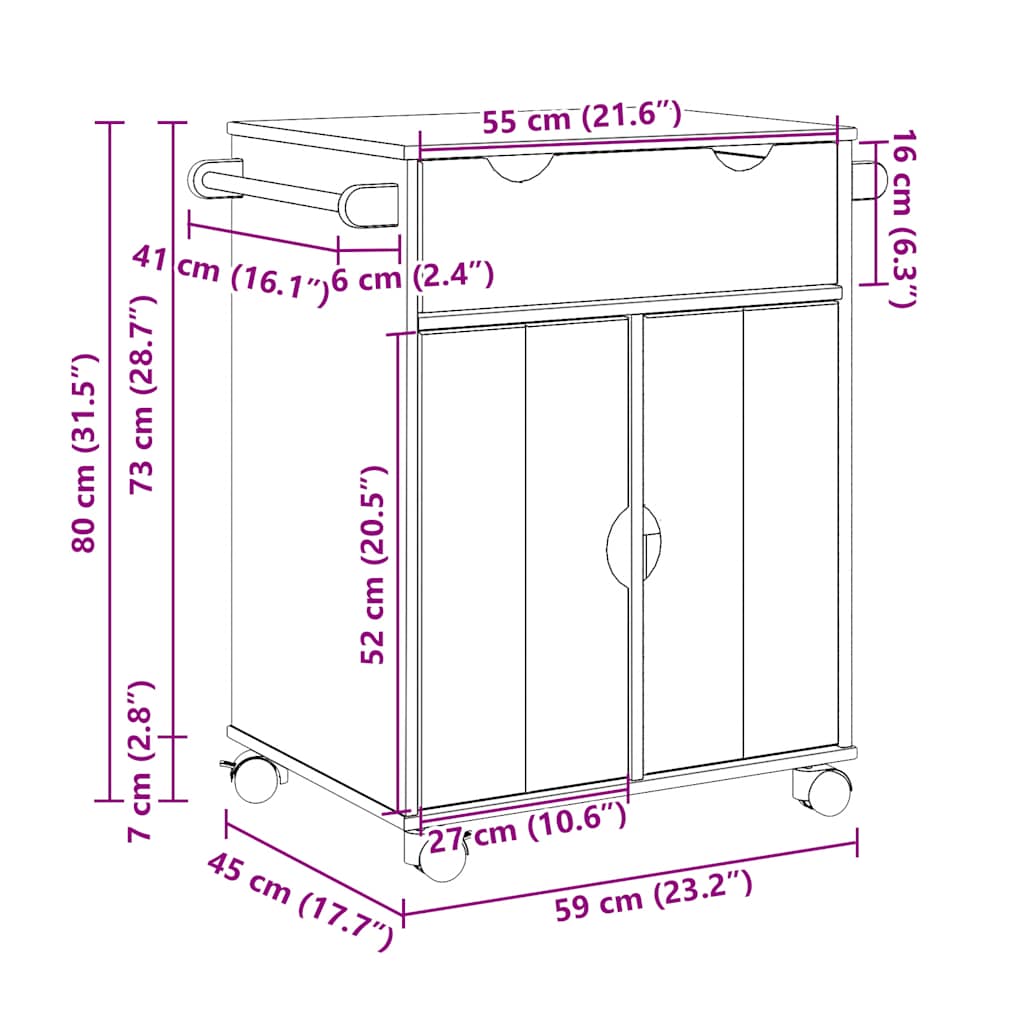 vidaXL Τρόλεϊ Κουζίνας OTTA 59x45x80 εκ. από Μασίφ Ξύλο Πεύκου
