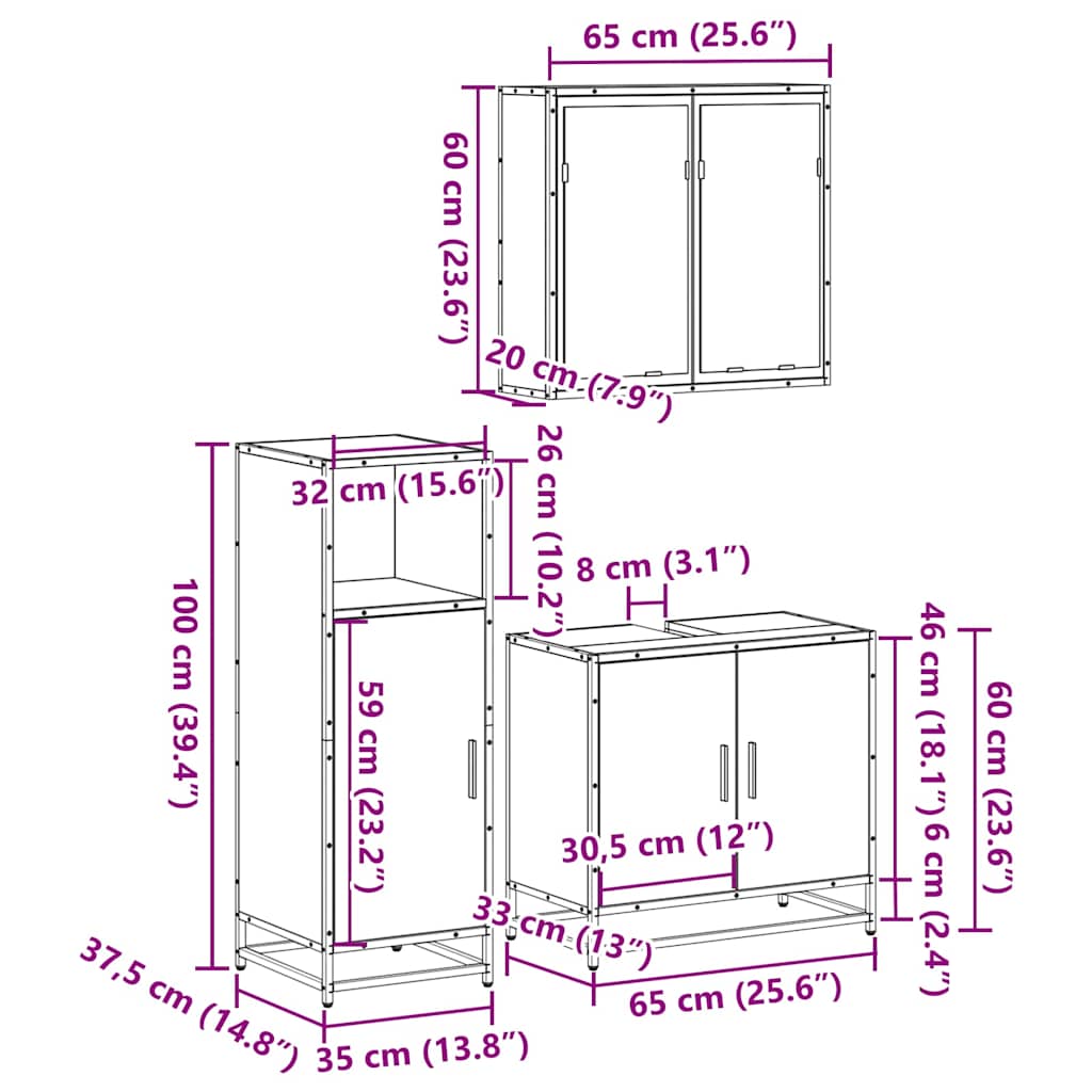 vidaXL Σετ Επίπλων Μπάνιου 3 Τεμαχίων Γκρι Sonoma Επεξεργασμένο Ξύλο