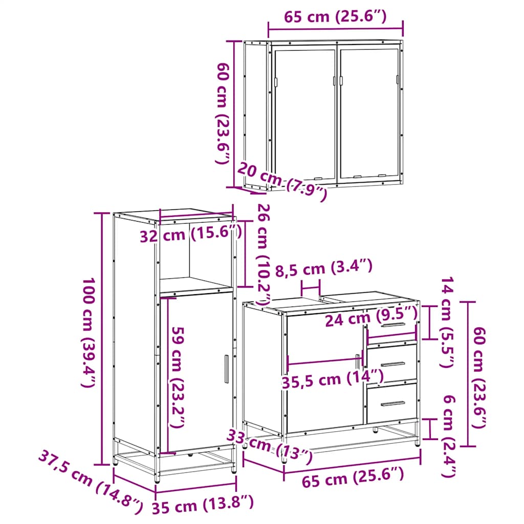 vidaXL Σετ Επίπλων Μπάνιου 3 Τεμαχίων Sonoma Δρυς Επεξεργασμένο Ξύλο