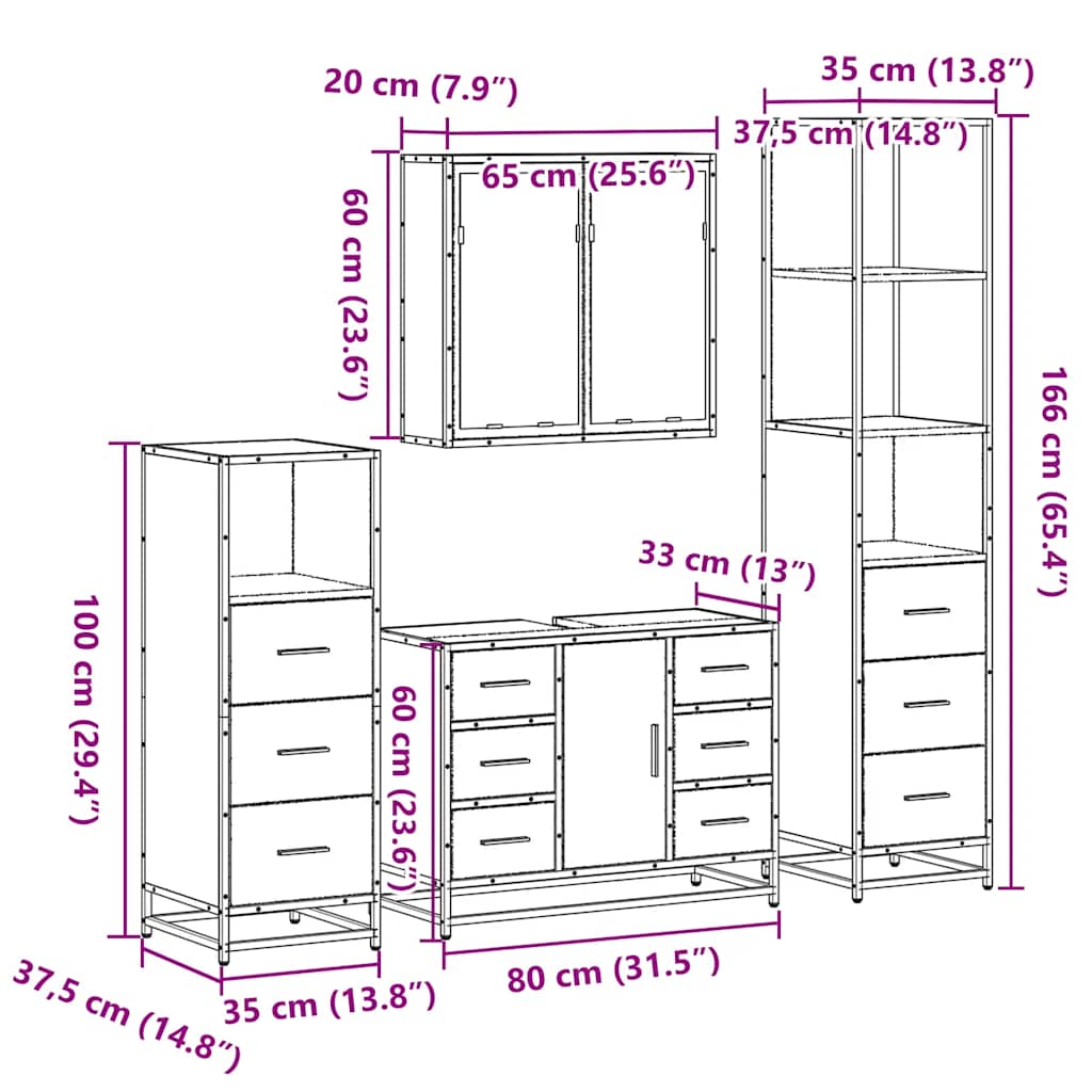 vidaXL Σετ Επίπλων Μπάνιου 4 Τεμαχίων Καφέ Δρυς από Επεξεργασμένο Ξύλο
