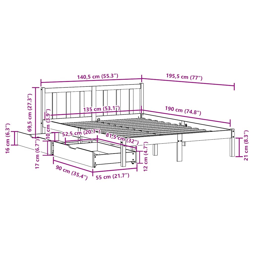 vidaXL Σκελετός Κρεβ. Χωρίς Στρώμα Λευκό 135x190 εκ Μασίφ Πεύκο