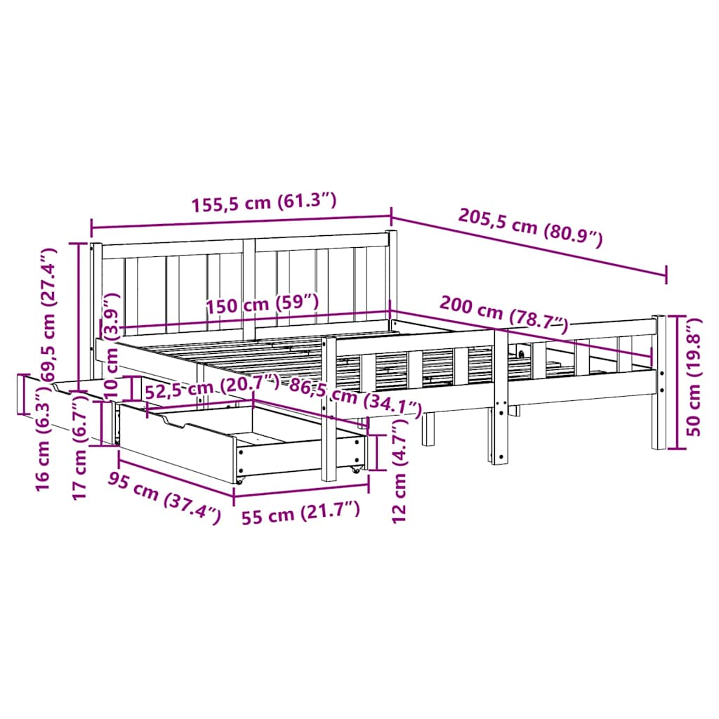 vidaXL Σκελετός Κρεβ. Χωρίς Στρώμα Λευκό 150x200 εκ Μασίφ Πεύκο