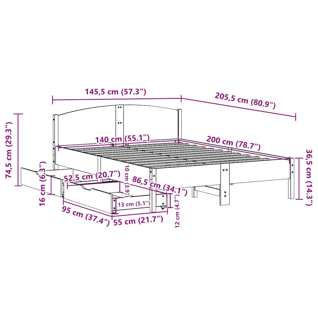 vidaXL Σκελετός Κρεβατιού Χωρίς Στρώμα Καφέ 140x200 Μασίφ Ξύλο Πεύκου