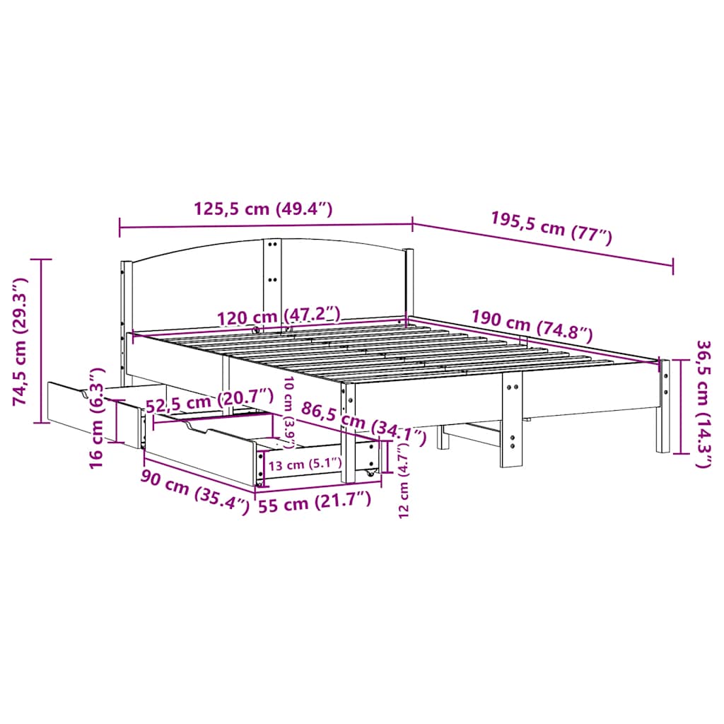 vidaXL Σκελετός Κρεβατιού Χωρίς Στρώμα 120x190 εκ Μασίφ Ξύλο Πεύκου