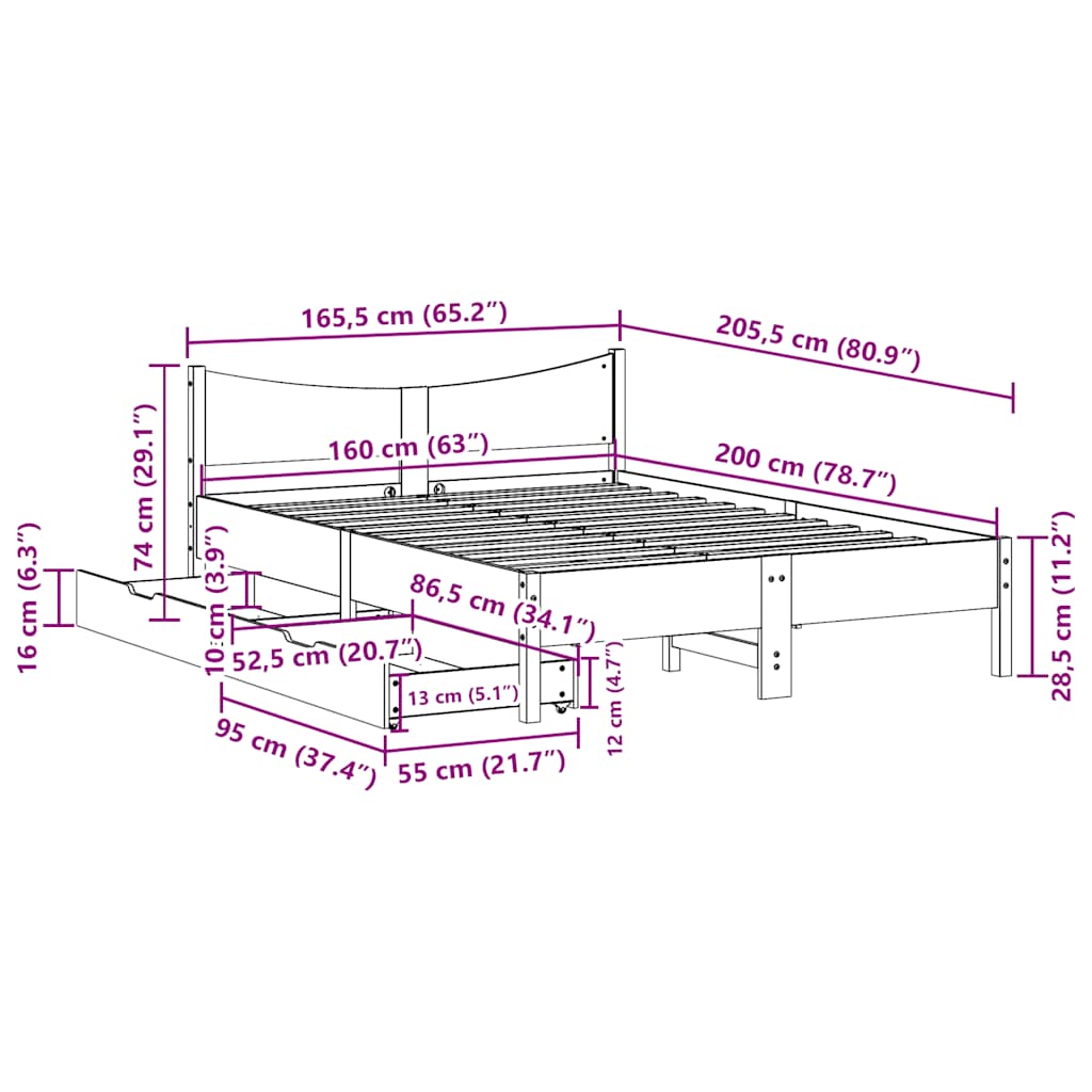 vidaXL Πλαίσιο Κρεβατιού με Συρτάρια Μελί 160x200εκ. Μασίφ Ξύλο Πεύκου