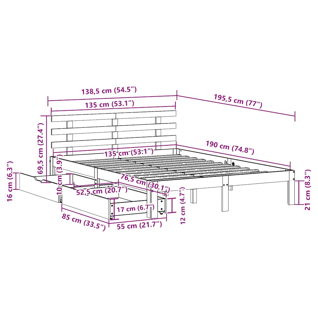 vidaXL Πλαίσιο Κρεβατιού με Συρτάρια Χωρίς Στρώμα 135x190 εκ.