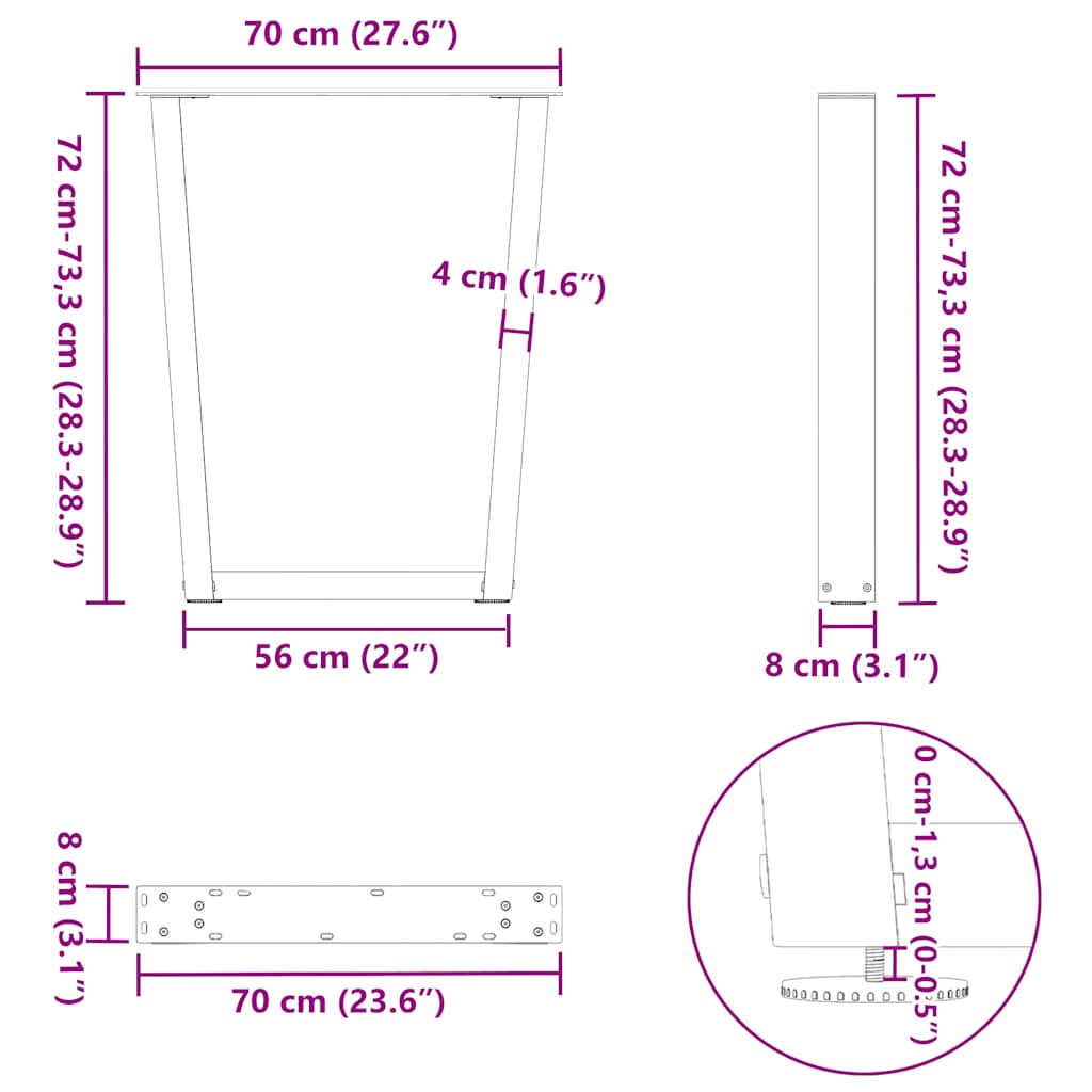 vidaXL Πόδια Τραπεζαρίας Σχήματος V 2 τεμ. Μαύρο 70x(72-73,3) εκ. Ατσάλι