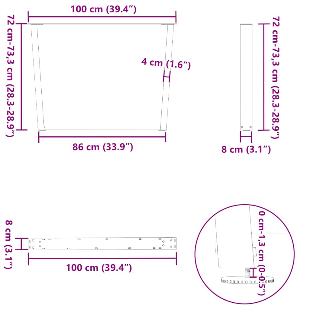 vidaXL Πόδια Τραπεζαρίας Σχήματος V 3 τεμ. Μαύρο 100x (72-73,3) εκ. Ατσάλι
