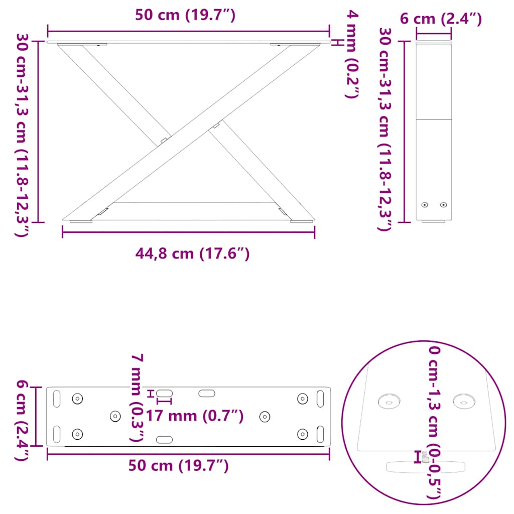 vidaXL Πόδια Τραπεζιού Σαλονιού 2 τεμ. Μαύρο 50x(30-31,3) εκ. Ατσάλι