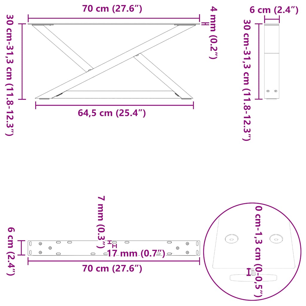 vidaXL Πόδια Τραπεζιού Σαλονιού 2 τεμ. Λευκά 70x(30-31,3) εκ. Ατσάλι