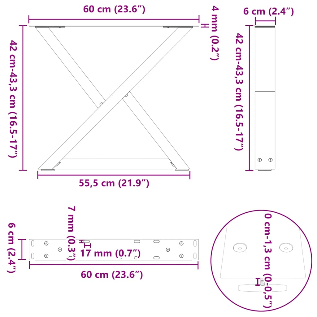vidaXL Πόδια Τραπεζιού Σαλονιού 2 τεμ. Μαύρο 60x(42-43,3) εκ. Ατσάλι