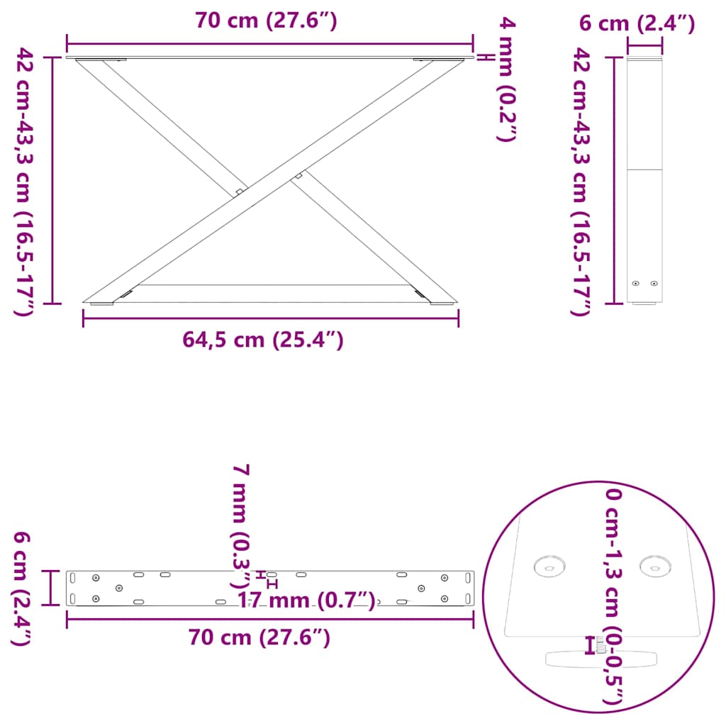 vidaXL Πόδια Τραπεζιού Σαλονιού 2 τεμ. από Φυσικό Ατσάλι 70x(42-43,3) εκ. Ατσάλι