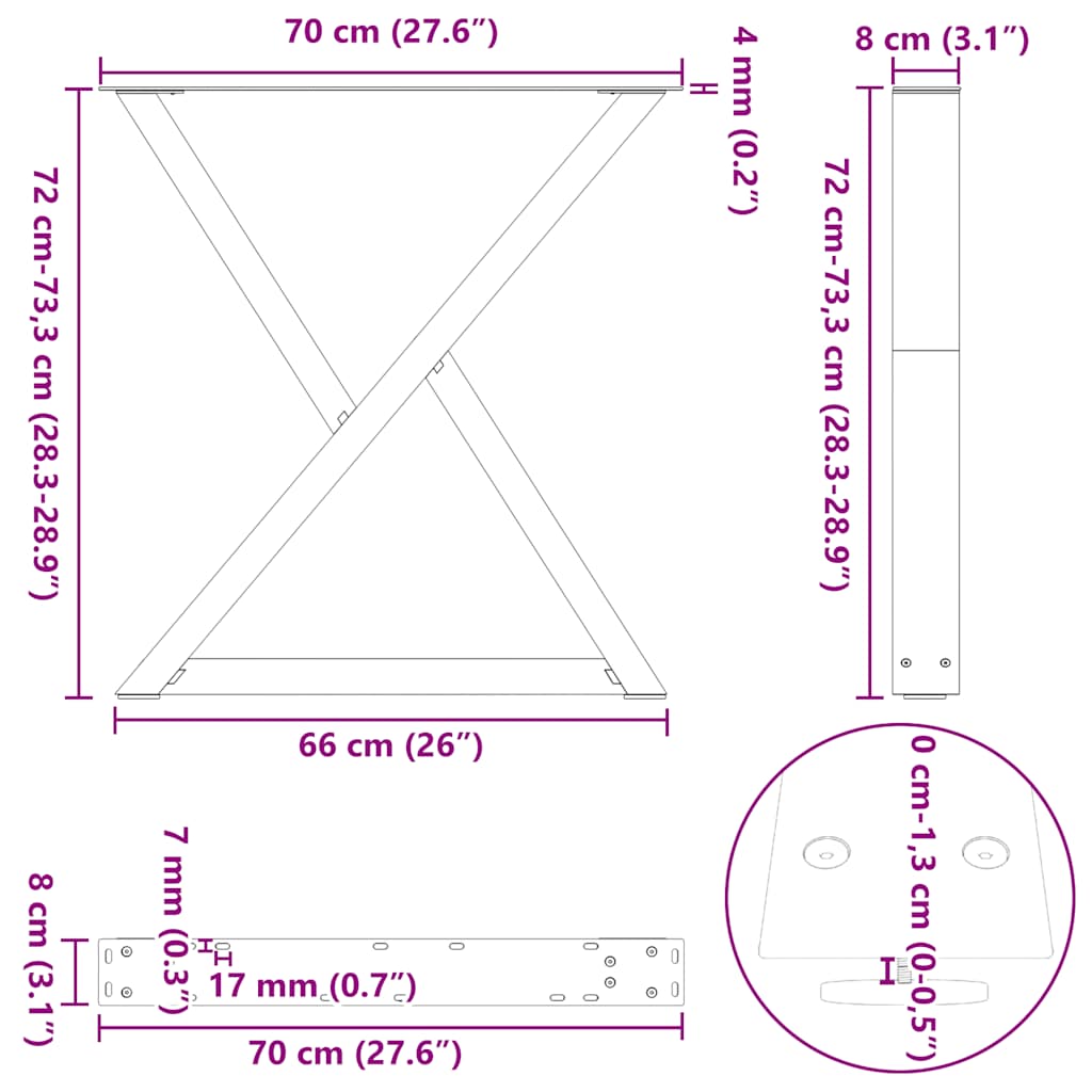 vidaXL Πόδια Τραπεζαρίας 2 τεμ. Λευκά 70x(72-73,3) εκ. Ατσάλι