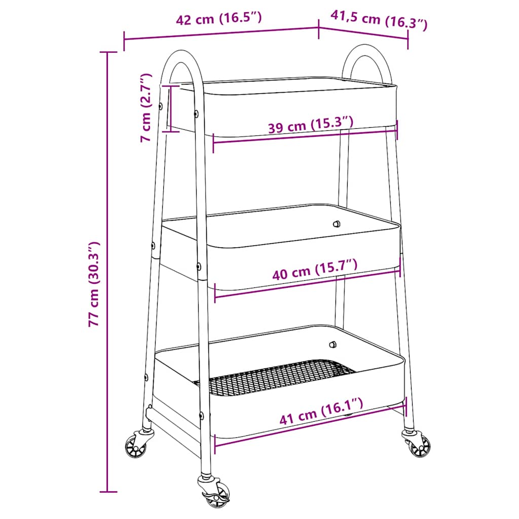 vidaXL Τρόλεϊ αποθήκευσης 3 επιπέδων ροζ 42x41,5x77 cm Ατσάλι