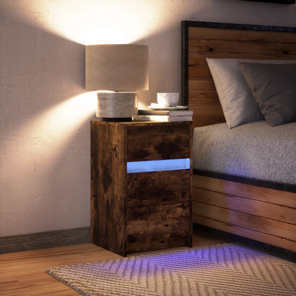 vidaXL Κομοδίνο με Φώτα LED Καπνιστή Δρυς Επεξεργασμένο Ξύλο