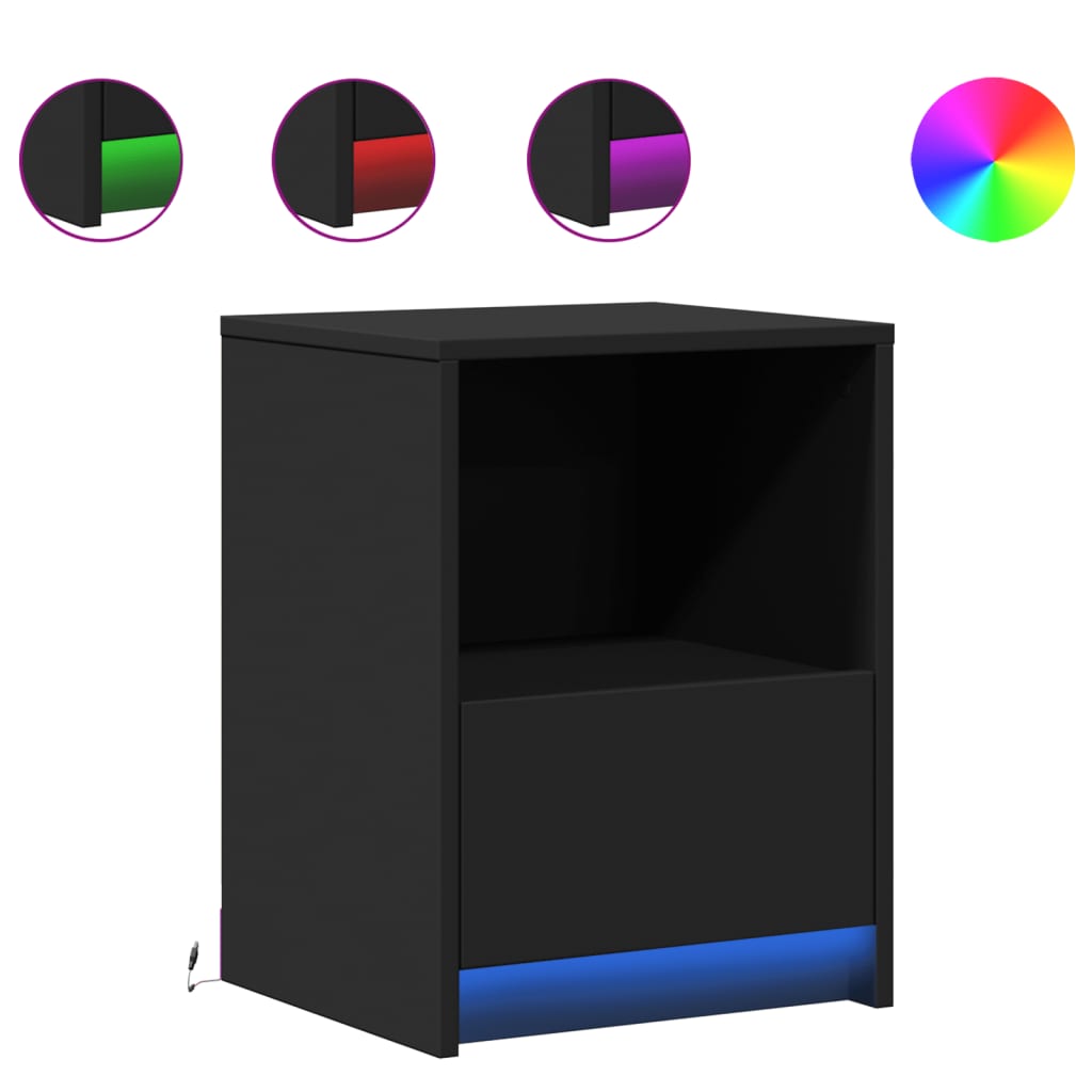 vidaXL Κομοδίνα με Φώτα LED 2 τεμ. Μαύρα από Επεξεργασμένο Ξύλο