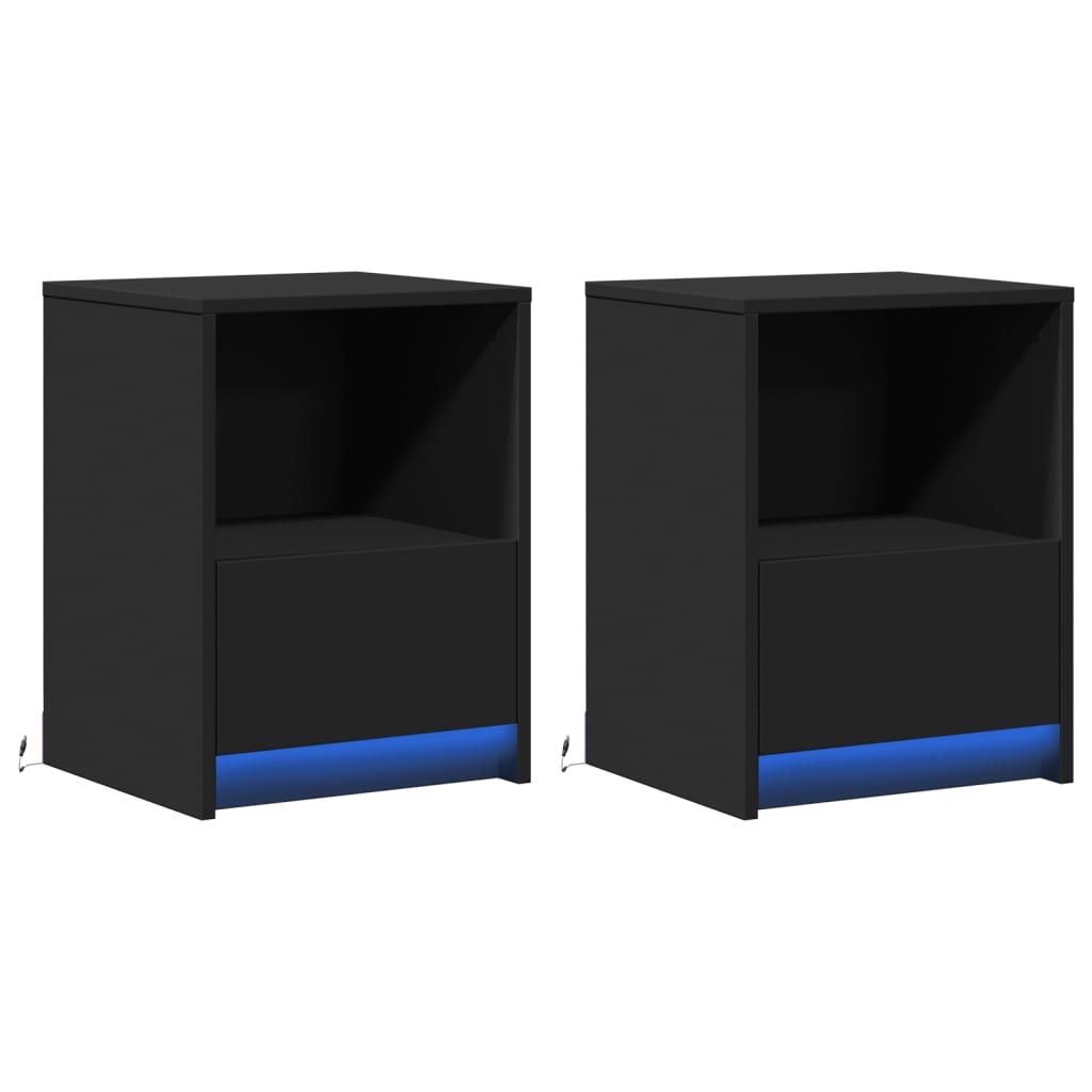 vidaXL Κομοδίνα με Φώτα LED 2 τεμ. Μαύρα από Επεξεργασμένο Ξύλο