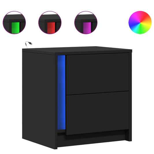vidaXL Κομοδίνα με Φώτα LED 2 τεμ. Μαύρα από Επεξεργασμένο Ξύλο