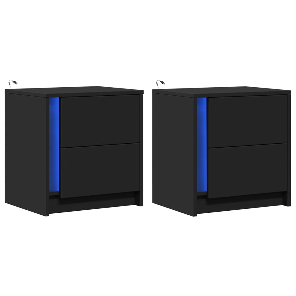 vidaXL Κομοδίνα με Φώτα LED 2 τεμ. Μαύρα από Επεξεργασμένο Ξύλο