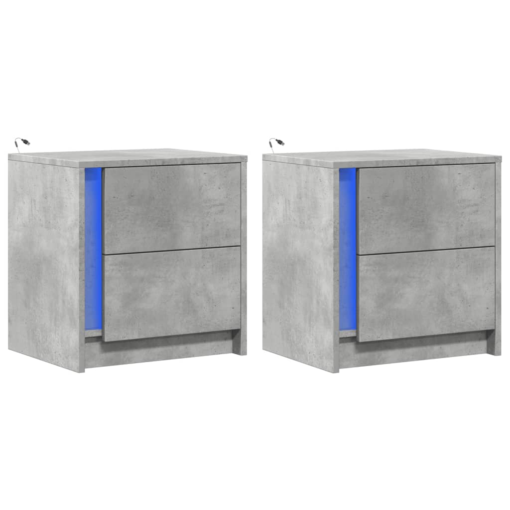 vidaXL Κομοδίνα με Φώτα LED 2 τεμ. Γκρι Σκυροδέματος από Επεξεργ. Ξύλο