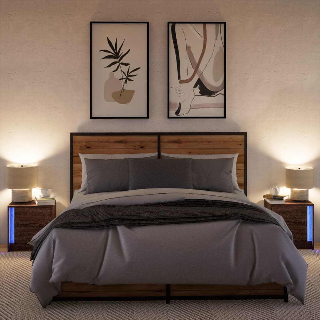 vidaXL Κομοδίνα με Φώτα LED 2 τεμ. Καφέ Δρυς από Επεξεργασμένο Ξύλο