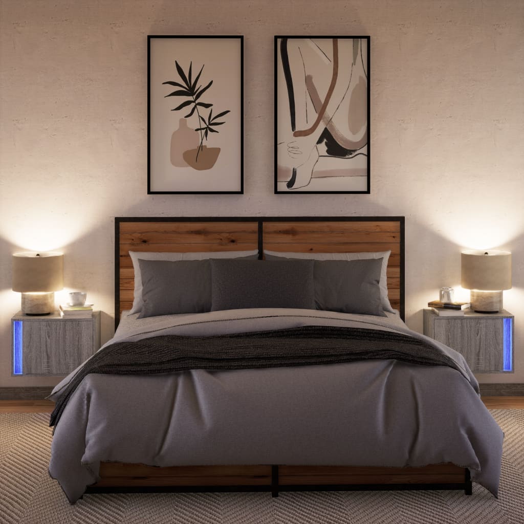 vidaXL Κομοδίνα Επιτοίχια με Φώτα LED 2 τεμ. Γκρι Sonoma