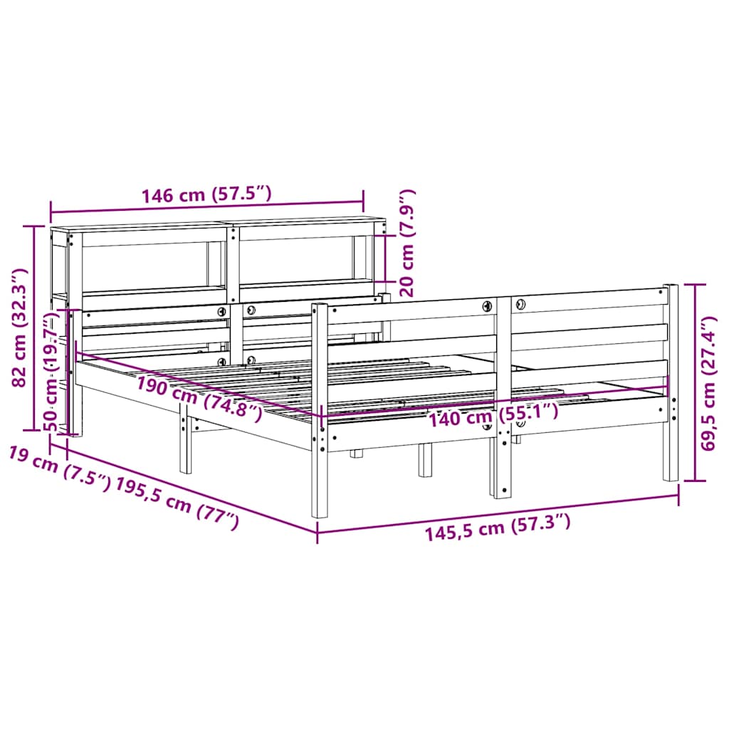 vidaXL Πλαίσιο Κρεβατιού με Κεφαλάρι 140 x 190 εκ. Μασίφ Πεύκο
