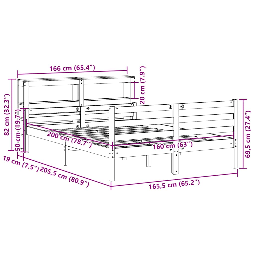 vidaXL Πλαίσιο Κρεβατιού με Κεφαλάρι 160x200 εκ. από Μασίφ Ξύλο Πεύκου