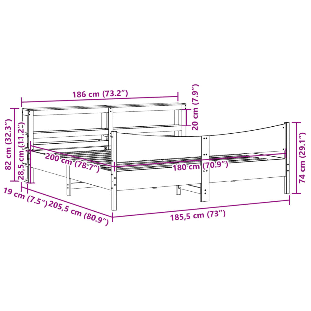 vidaXL Πλαίσιο Κρεβατιού με Κεφαλάρι 180x200 εκ. από Μασίφ Ξύλο Πεύκου