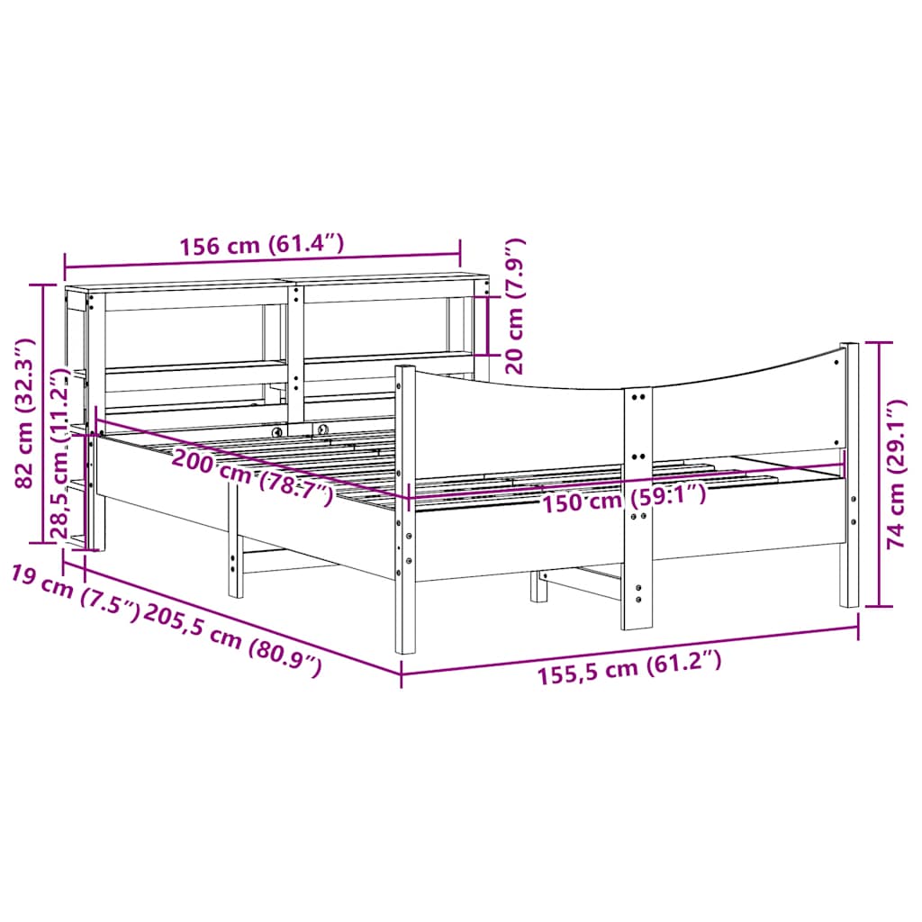 vidaXL Πλαίσιο Κρεβατιού με Κεφαλάρι Μελί 150x200εκ. Μασίφ Ξύλο Πεύκου
