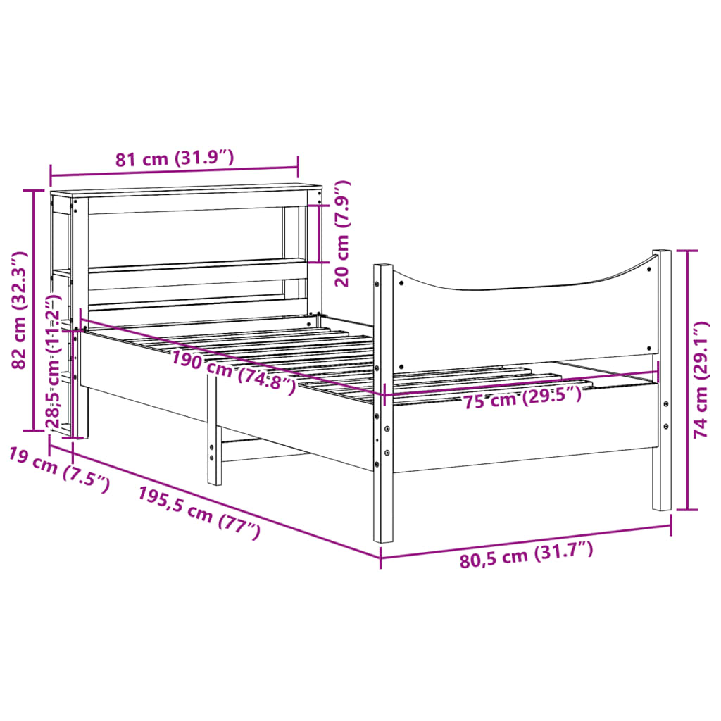 vidaXL Πλαίσιο Κρεβατιού Κεφαλάρι 75x190εκ. Μασίφ Πεύκο