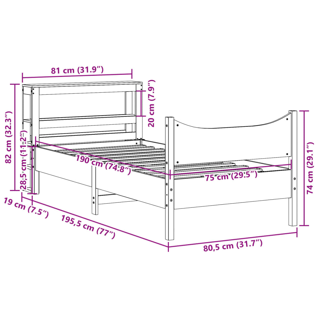 vidaXL Πλαίσιο Κρεβατιού Κεφαλάρι Λευκό 75x190εκ. Μασίφ Πεύκο