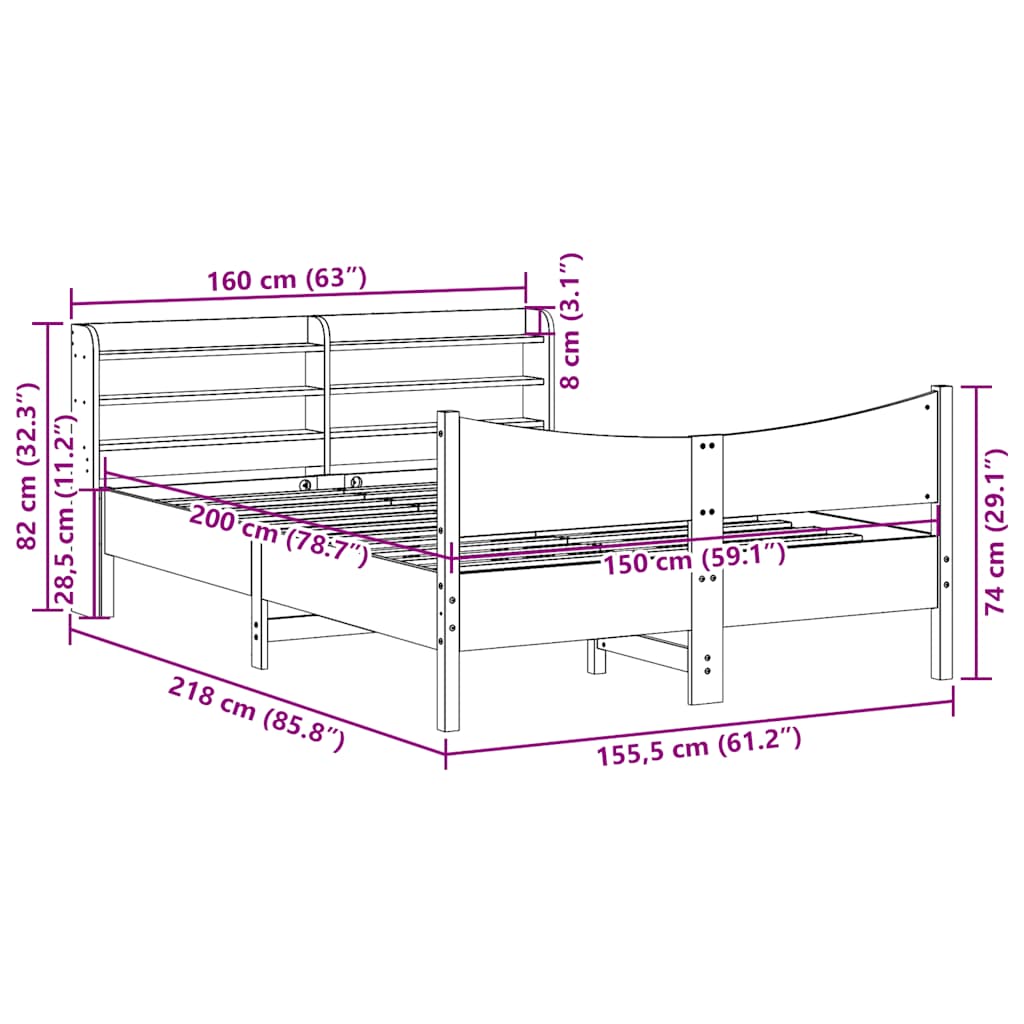 vidaXL Πλαίσιο Κρεβατιού με Κεφαλάρι Μελί 150x200εκ. Μασίφ Ξύλο Πεύκου