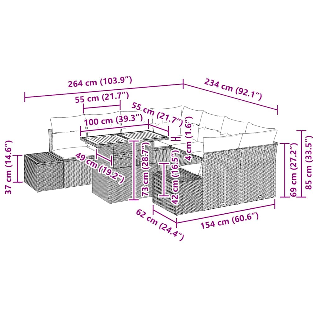 vidaXL Σετ Σαλονιού Κήπου 9 Τεμαχίων με Μαξιλάρια Μαύρο Πολυ Ράτταν Ακακία
