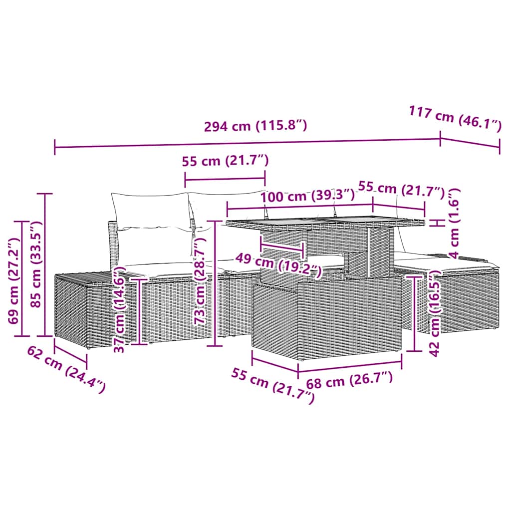 vidaXL σετ τραπεζαρίας κήπου 6 τεμαχίων με μαξιλάρια Μαύρο Πολυκαρβονικό Ρατάν Ακακία
