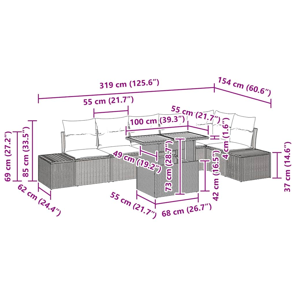 vidaXL Σέτ φαγητού για κήπο 7 pcs Μαύρο, Καφέ 100 x 55 x 73 εκ